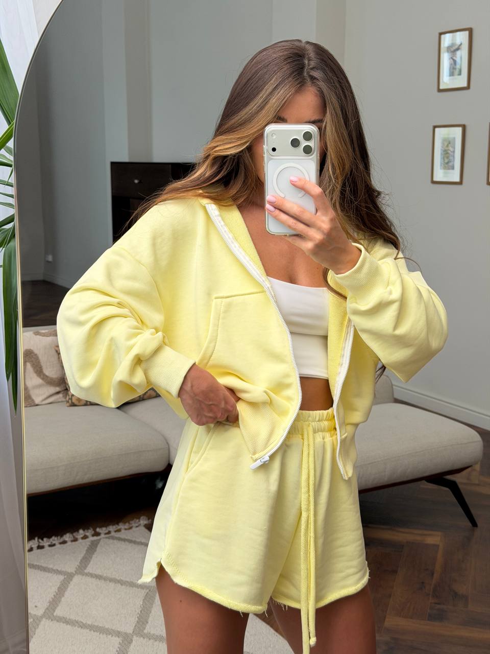 Yellow Womens Two Piece Cotton Lounge Suit Zip Hoodie And Shorts