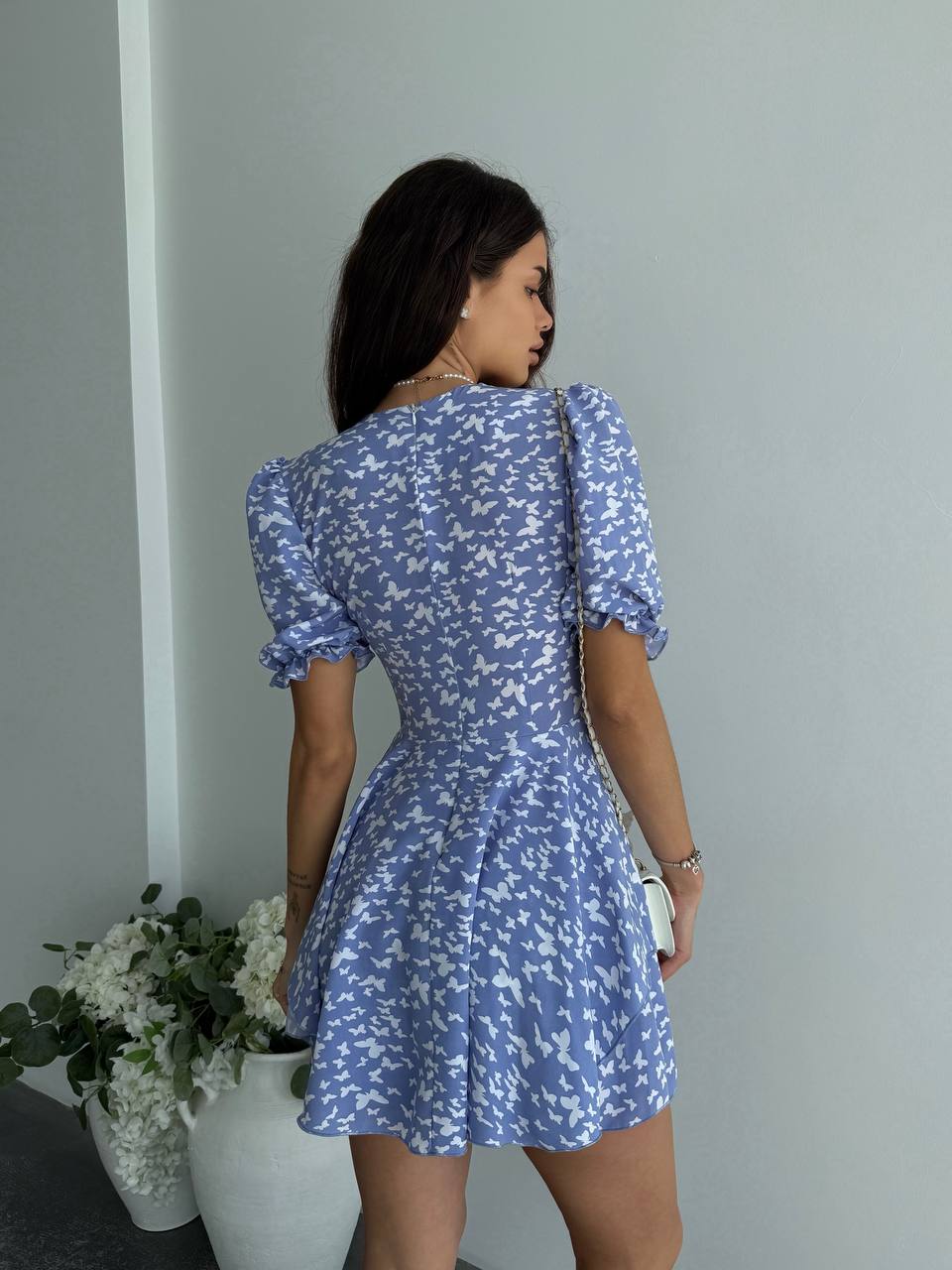 Blue Butterfly Corset Jumpsuit Dress V Neck Short Sleeve Back Zipper Romper