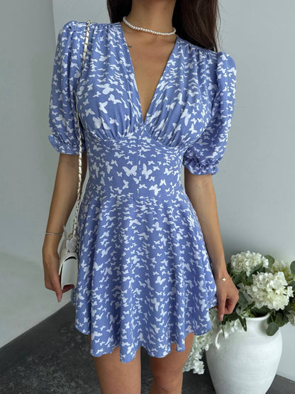 Blue Butterfly Corset Jumpsuit Dress V Neck Short Sleeve Back Zipper Romper