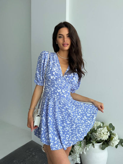 Blue Butterfly Corset Jumpsuit Dress V Neck Short Sleeve Back Zipper Romper