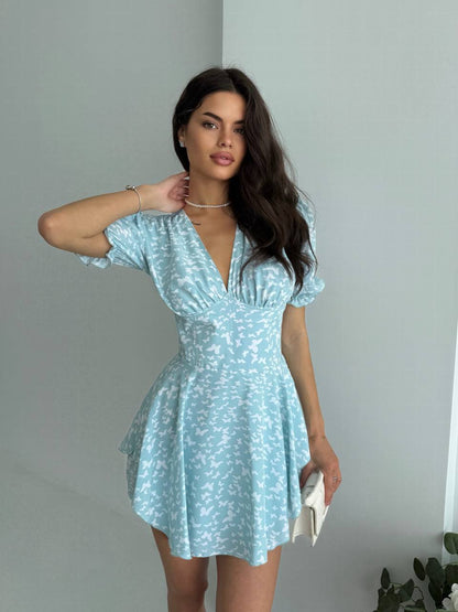 Light Blue Corset Jumpsuit Dress Women V Neck Puff Sleeve Back Zipper Soft Fabric