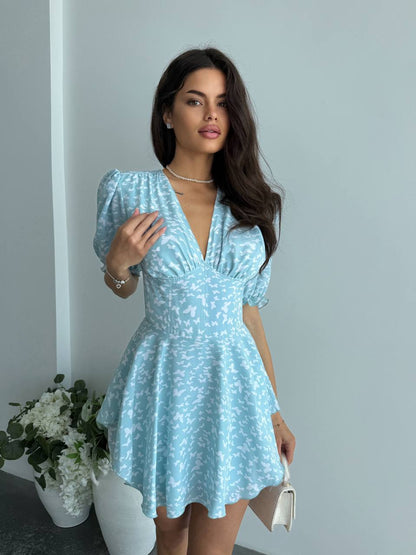 Light Blue Corset Jumpsuit Dress Women V Neck Puff Sleeve Back Zipper Soft Fabric