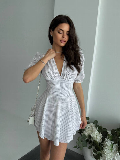 White Polka Dot Corset Jumpsuit Dress Women Soft Fabric Short Sleeve Zipper Back