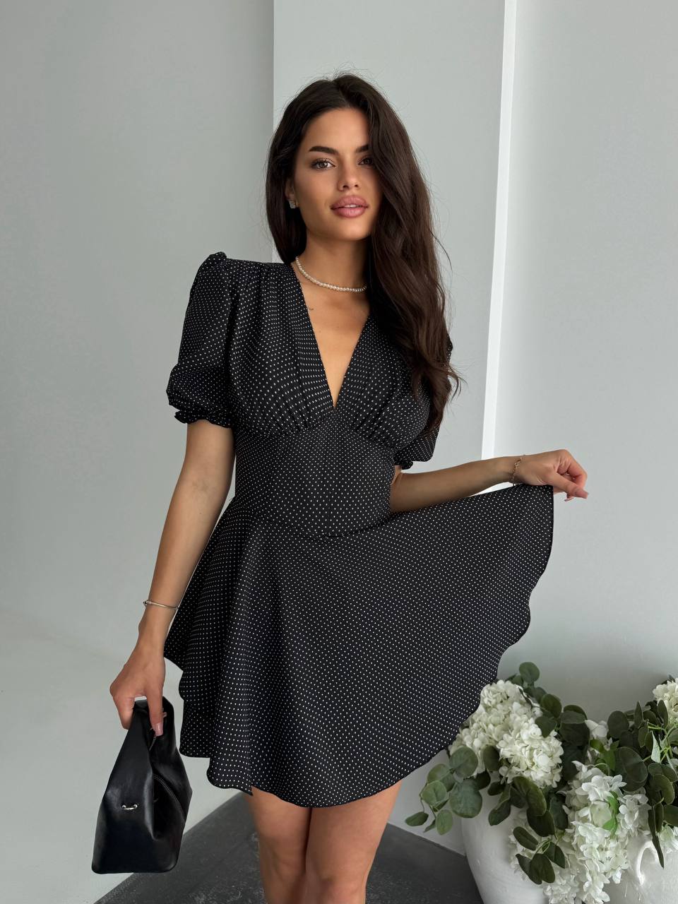 Black Polka Dot Jumpsuit Dress Women Corset Cut Puff Sleeve Zip Back Soft Fabric