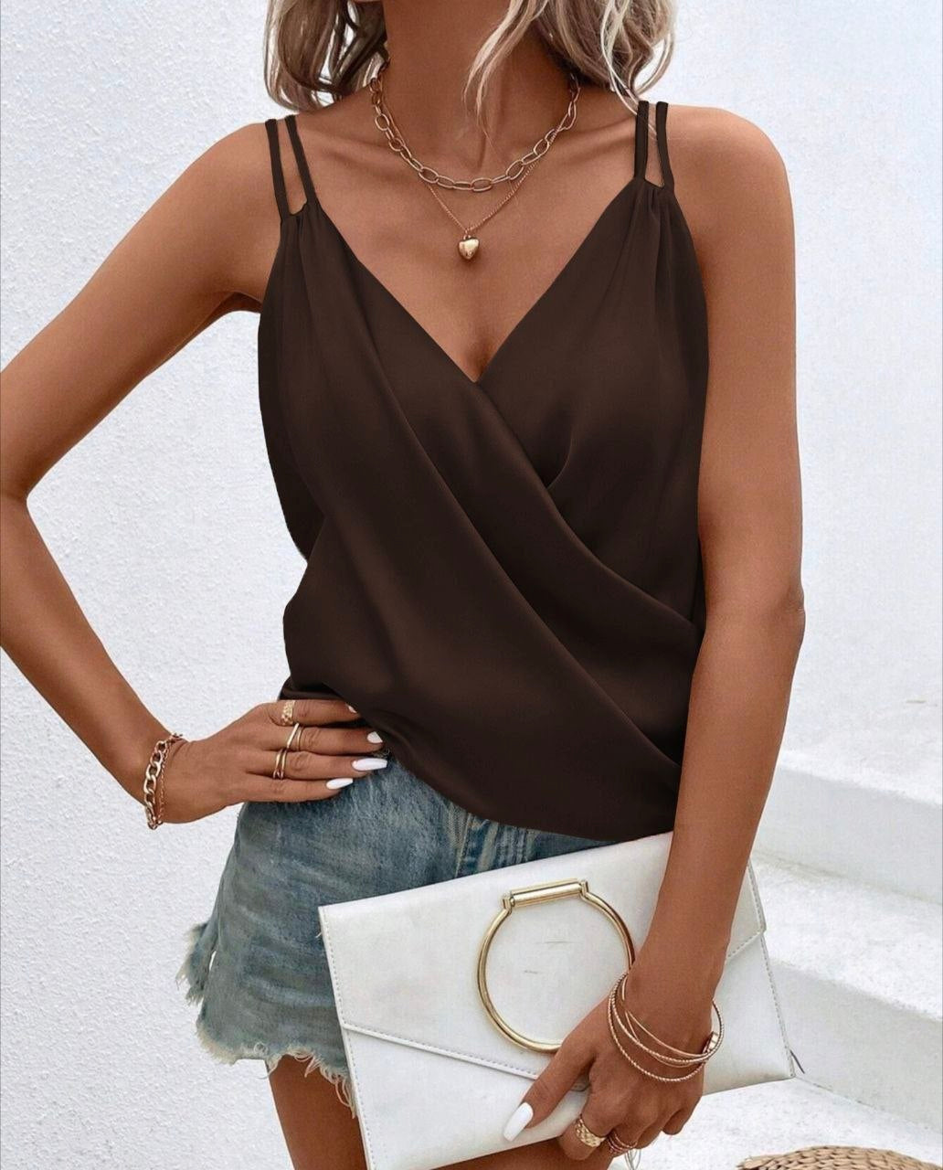 Women Italian Silk Cami Top Brown Draped Wrap Front Double Strap Summer Tank