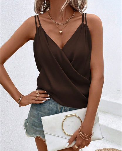 Women Italian Silk Cami Top Brown Draped Wrap Front Double Strap Summer Tank