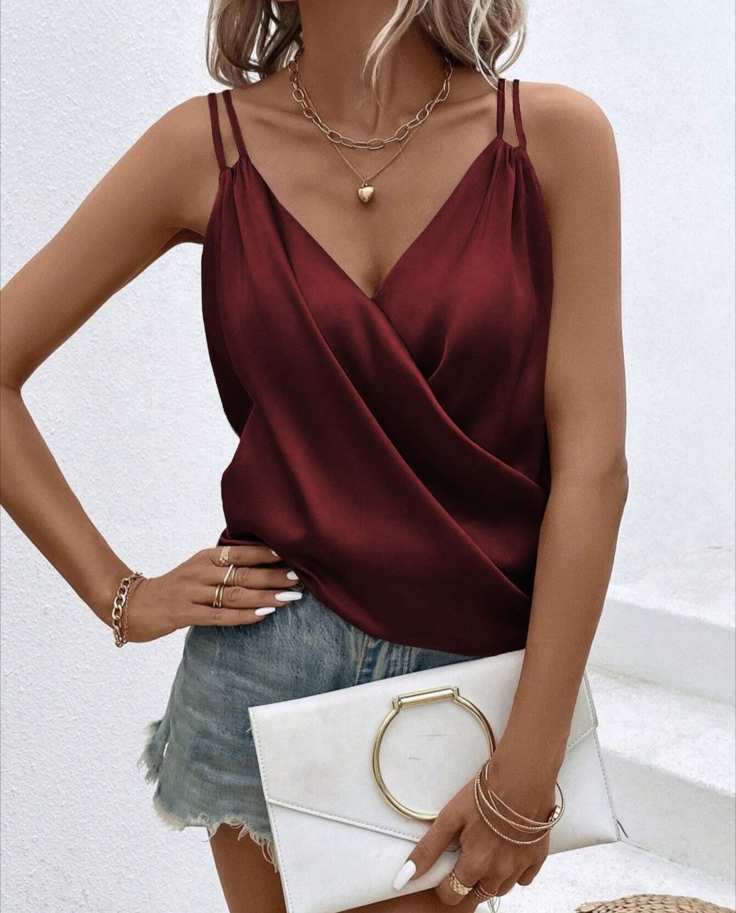 Burgundy Italian Silk Draped Cami Womens V Neck Tank