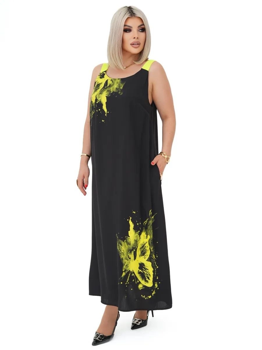 Plus Size Black Sarafan Maxi Dress with Neon Yellow Print Crinkle Crepe