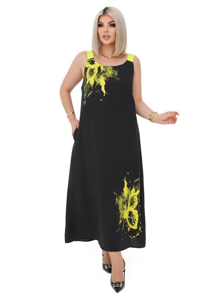 Plus Size Black Sarafan Maxi Dress with Neon Yellow Print Crinkle Crepe