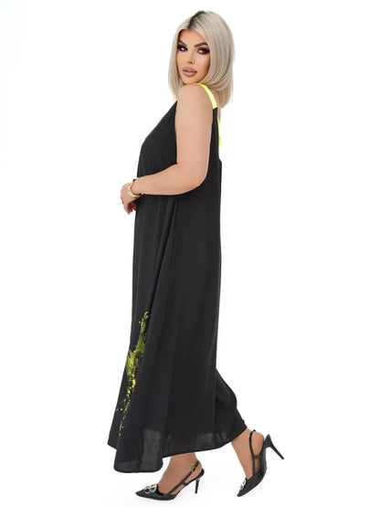 Plus Size Black Sarafan Maxi Dress with Neon Yellow Print Crinkle Crepe