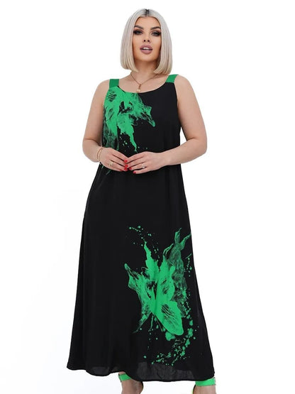 Plus Size Sarafan Black with Green Print Maxi Dress Crepe Krep Zhatka