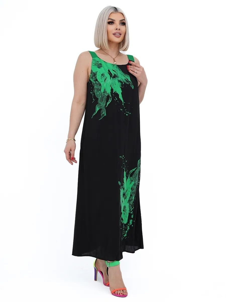 Plus Size Sarafan Black with Green Print Maxi Dress Crepe Krep Zhatka