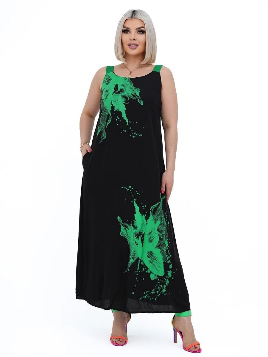 Plus Size Sarafan Black with Green Print Maxi Dress Crepe Krep Zhatka