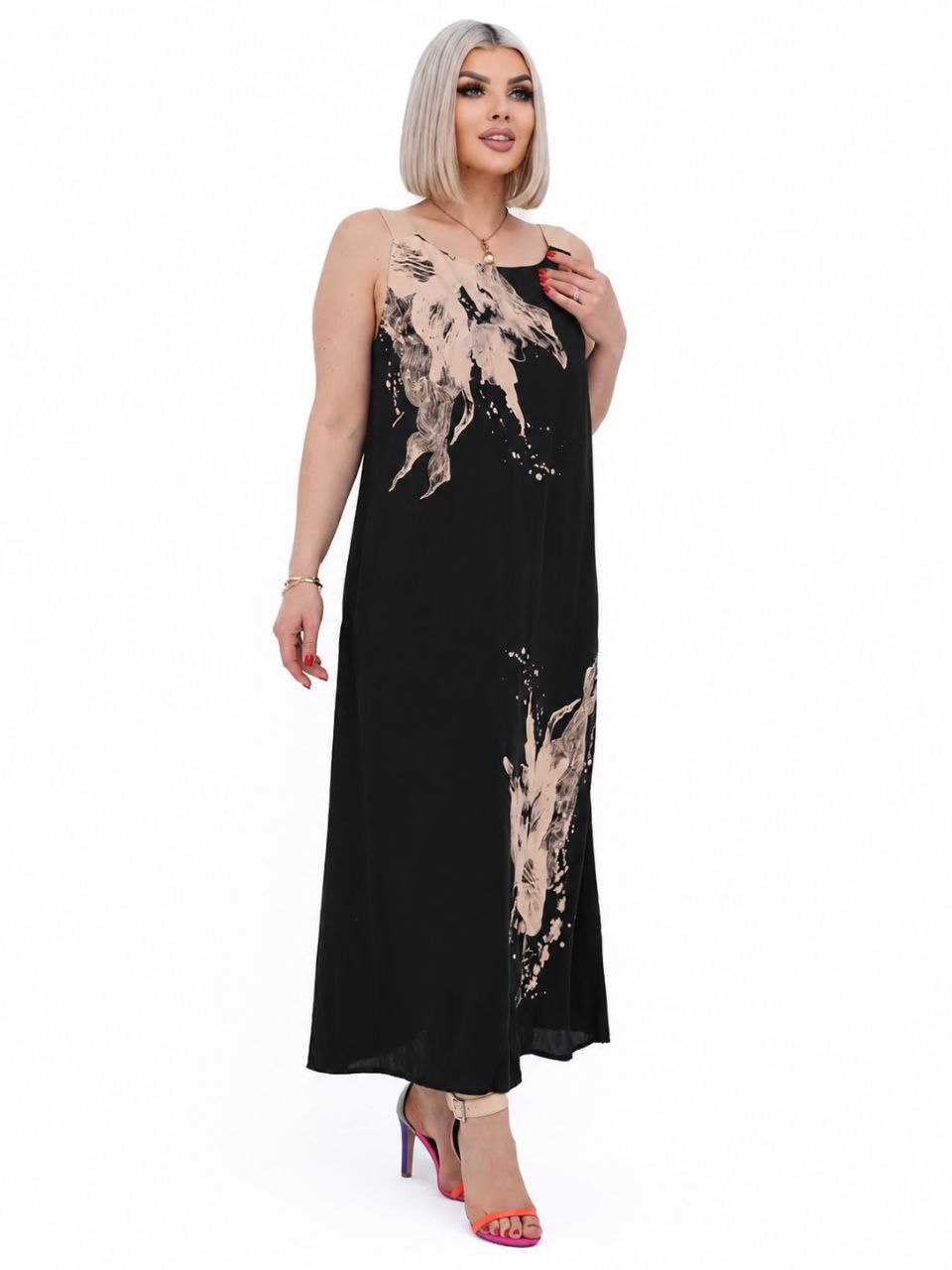 Plus Size Black Sarafan with Designer Print and Crisscross Back