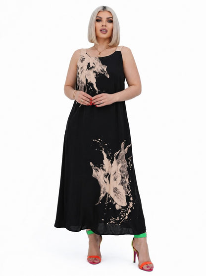 Plus Size Black Sarafan with Designer Print and Crisscross Back
