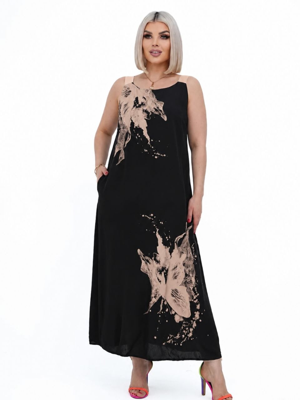 Plus Size Black Sarafan with Designer Print and Crisscross Back