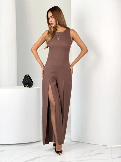 Sleeveless Brown Palazzo Jumpsuit with Front Slits Elegant Evening Jumpsuit