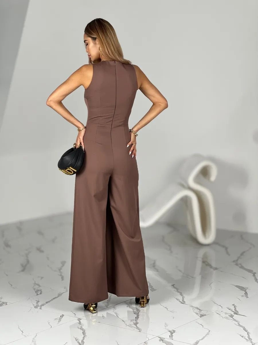 Sleeveless Brown Palazzo Jumpsuit with Front Slits Elegant Evening Jumpsuit