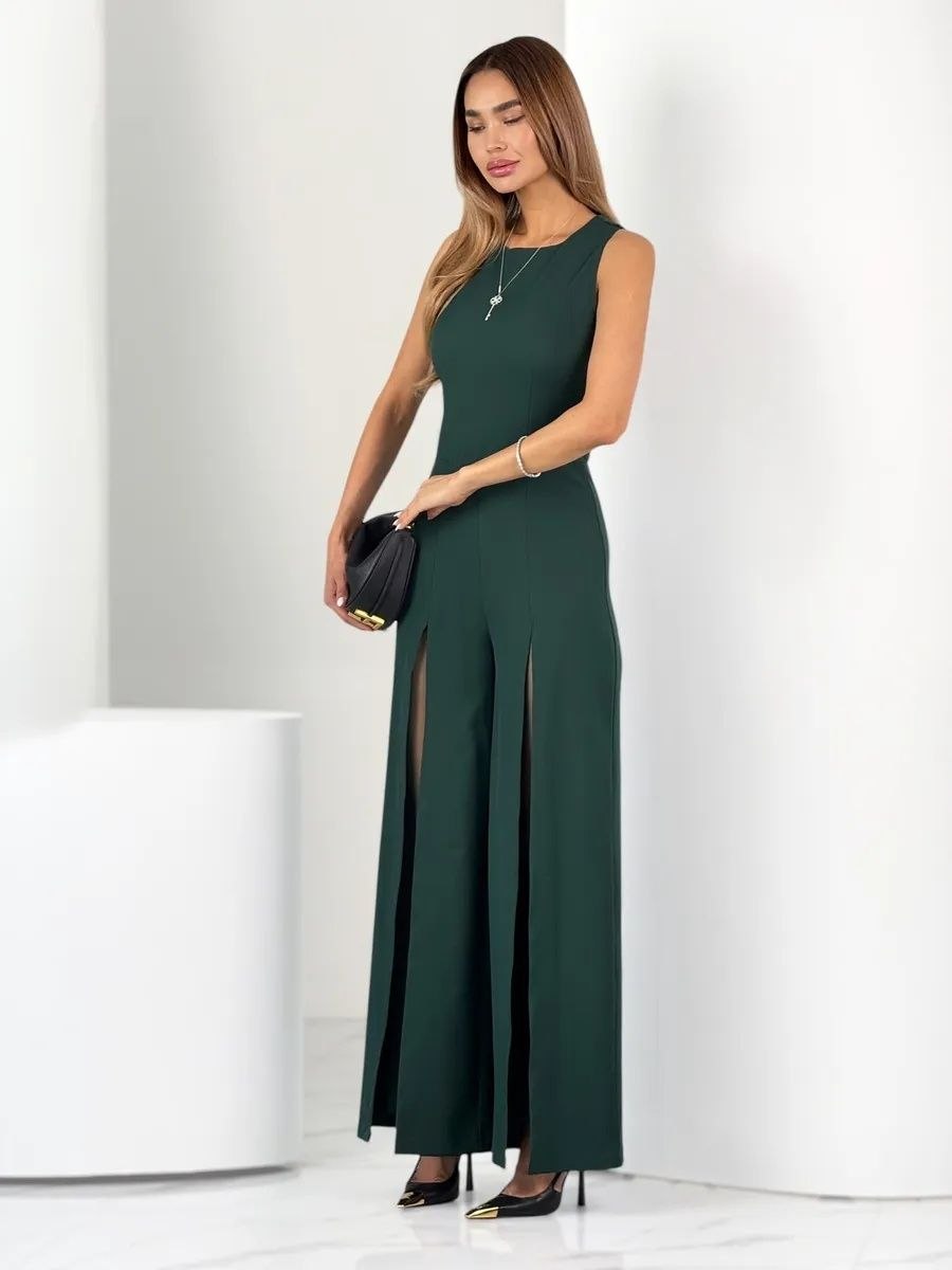 Emerald Green Palazzo Jumpsuit Wide Leg Front Slits Evening Jumpsuit