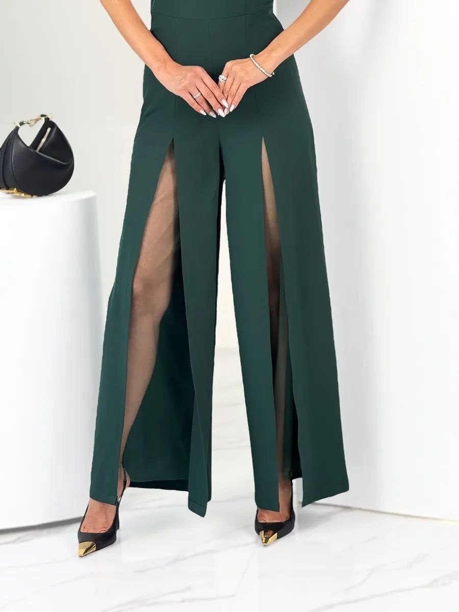 Emerald Green Palazzo Jumpsuit Wide Leg Front Slits Evening Jumpsuit