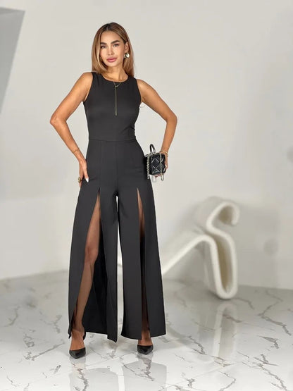 Black Palazzo Jumpsuit with Front Slits Fitted Waist Evening Jumpsuit