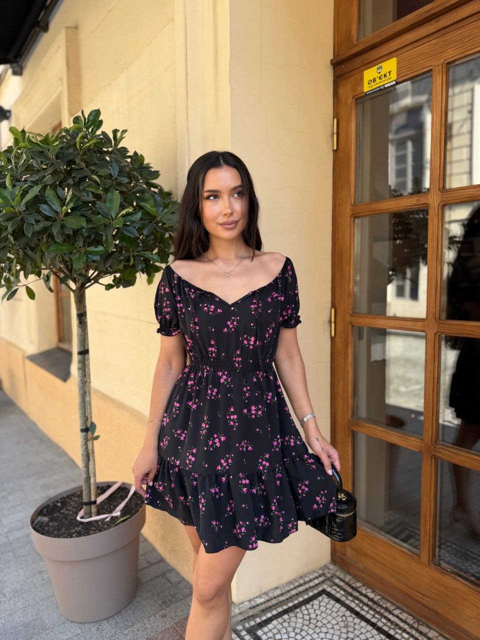 Black Floral Mini Dress Off Shoulder Elastic Waist Short Sleeve Silky Soft
