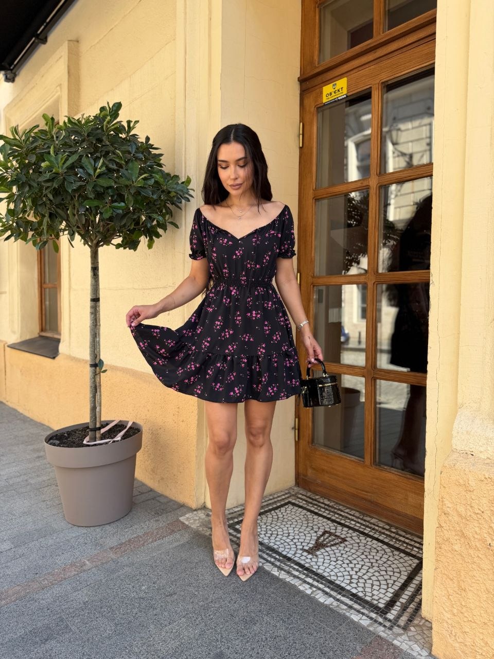 Black Floral Mini Dress Off Shoulder Elastic Waist Short Sleeve Silky Soft