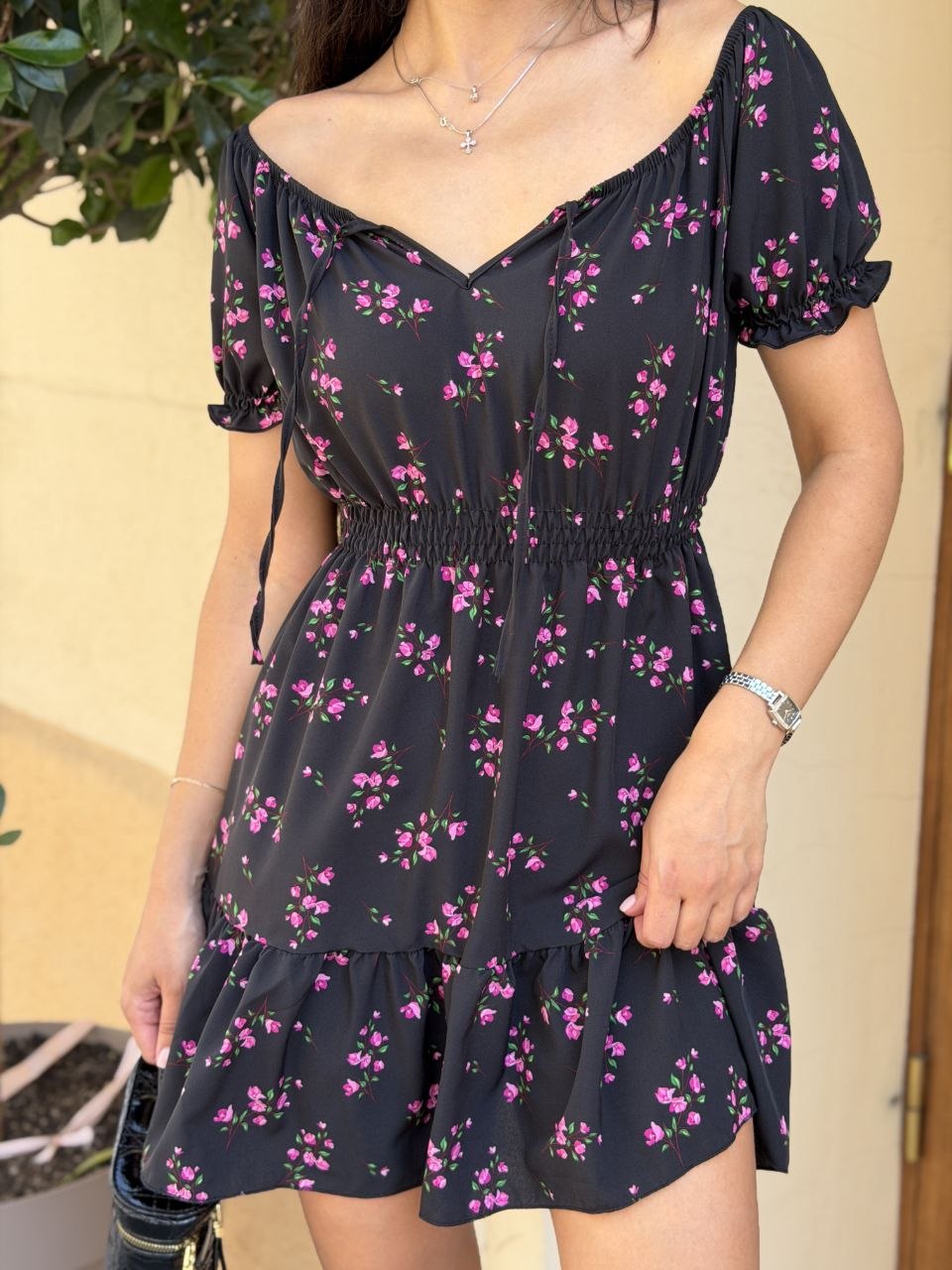 Black Floral Mini Dress Off Shoulder Elastic Waist Short Sleeve Silky Soft