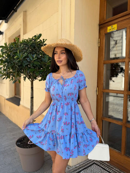 Blue Floral Mini Dress Silky Soft Off Shoulder Smocked Waist Short Sleeve Summer Dress