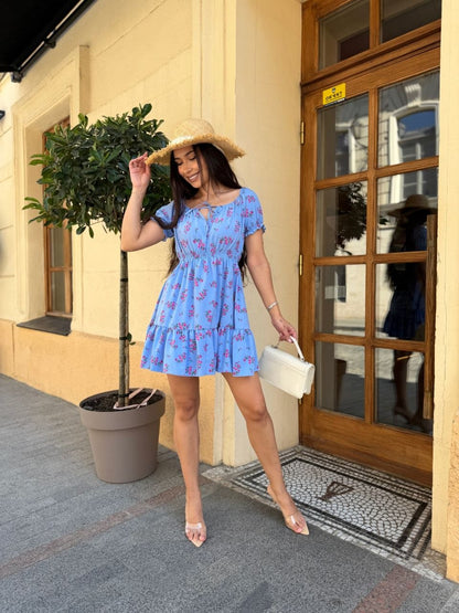 Blue Floral Mini Dress Silky Soft Off Shoulder Smocked Waist Short Sleeve Summer Dress