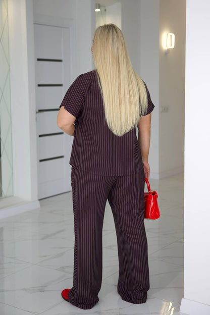 Burgundy Pinstripe Linen Two Piece Suit Women Plus Size