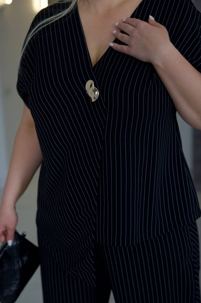 Black Pinstripe Linen Two Piece Suit Women V Neck Blouse Wide Leg Pants