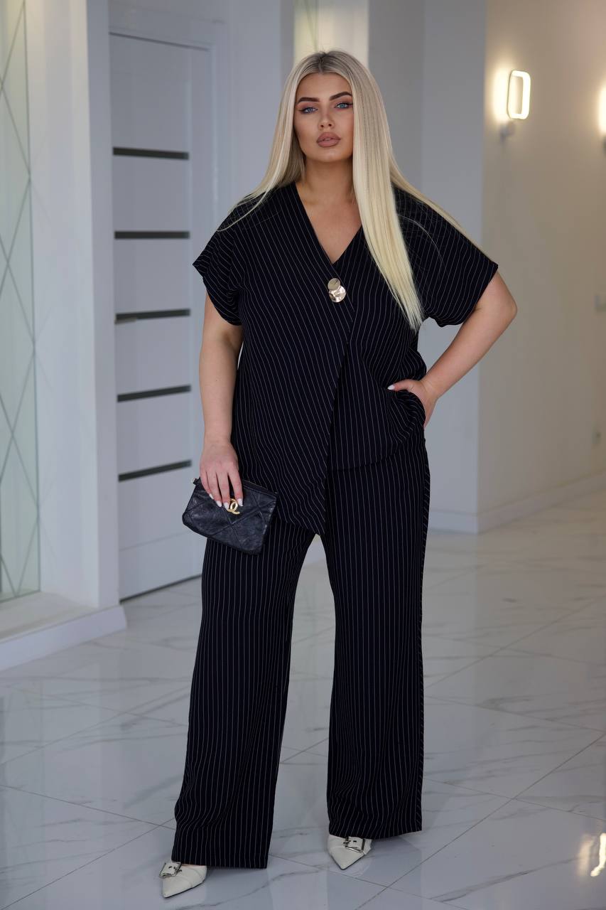 Black Pinstripe Linen Two Piece Suit Women V Neck Blouse Wide Leg Pants