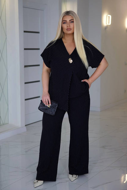 Black Pinstripe Linen Two Piece Suit Women V Neck Blouse Wide Leg Pants
