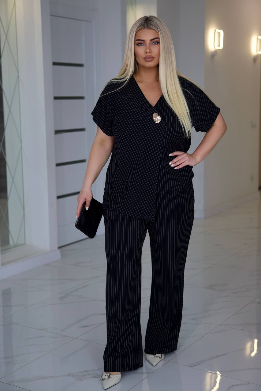 Black Pinstripe Linen Two Piece Suit Women V Neck Blouse Wide Leg Pants