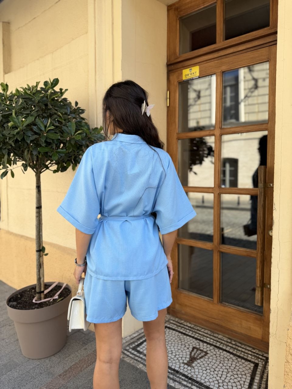 Light Blue Linen Two Piece Set Oversized Shirt and Shorts Women Summer Suit