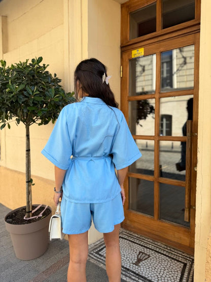 Light Blue Linen Two Piece Set Oversized Shirt and Shorts Women Summer Suit