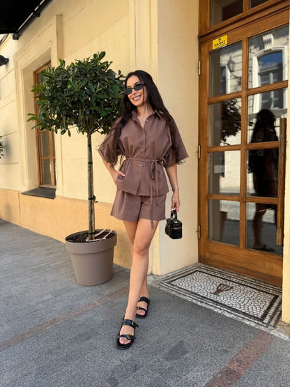 Brown Linen Two Piece Set Women Oversize Shirt And Shorts Summer Suit
