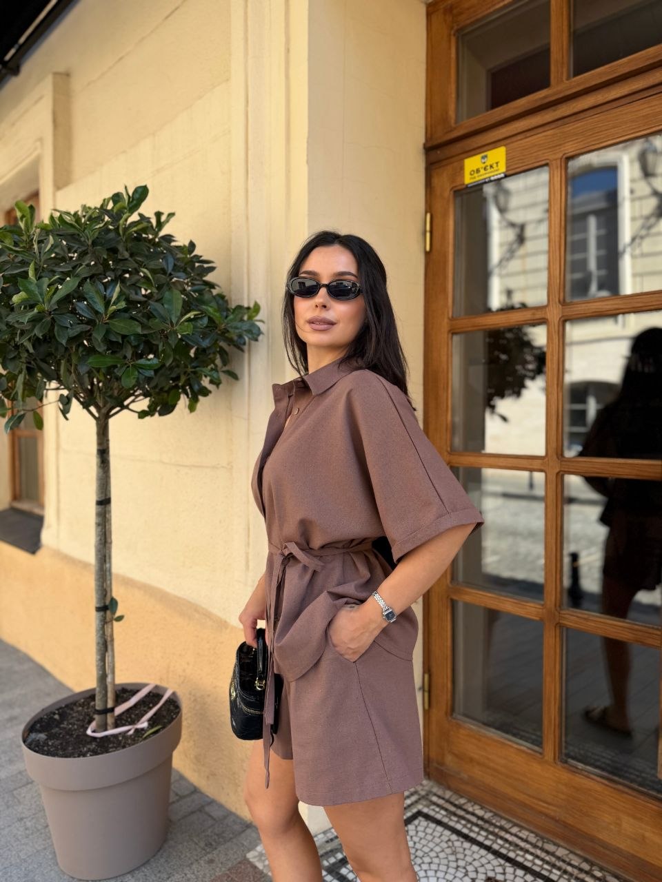 Brown Linen Two Piece Set Women Oversize Shirt And Shorts Summer Suit