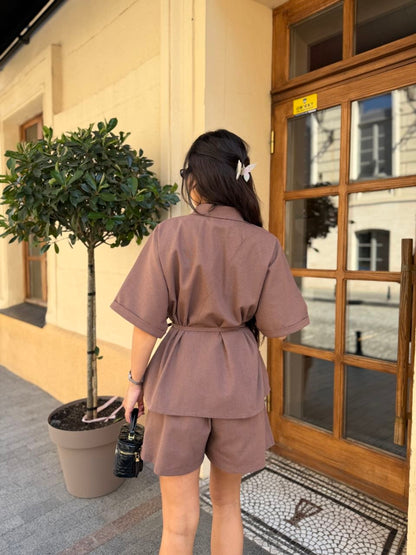 Brown Linen Two Piece Set Women Oversize Shirt And Shorts Summer Suit