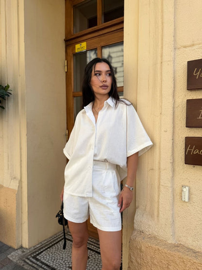 White Linen Two Piece Set Women Oversized Shirt and Shorts Summer Casual
