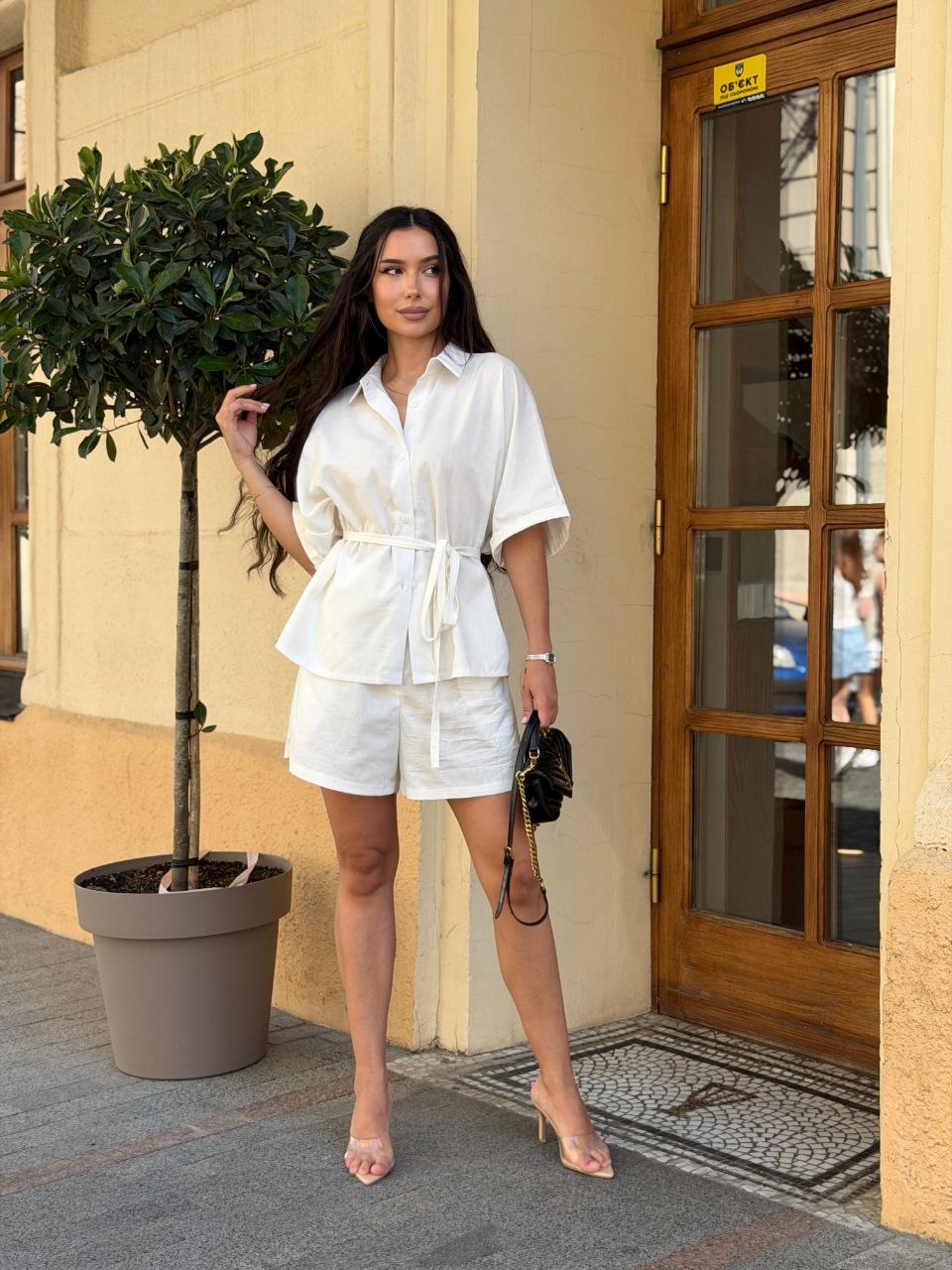 White Linen Two Piece Set Women Oversized Shirt and Shorts Summer Casual