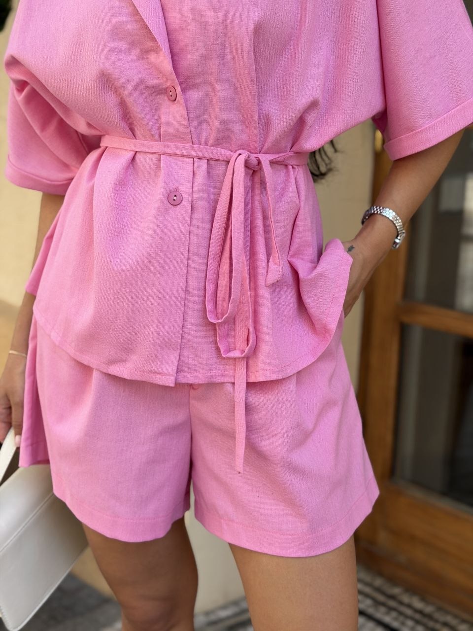 Pink Linen Two Piece Set Oversized Shirt And Shorts Summer Suit