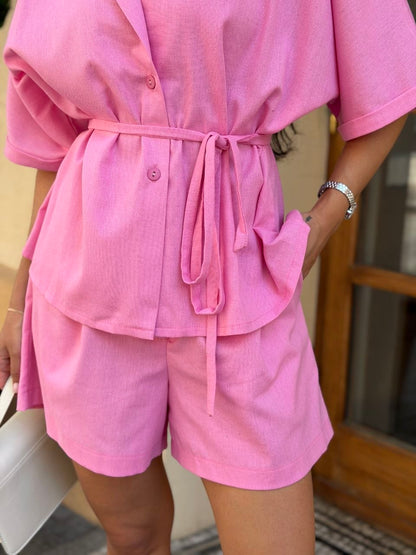 Pink Linen Two Piece Set Oversized Shirt And Shorts Summer Suit