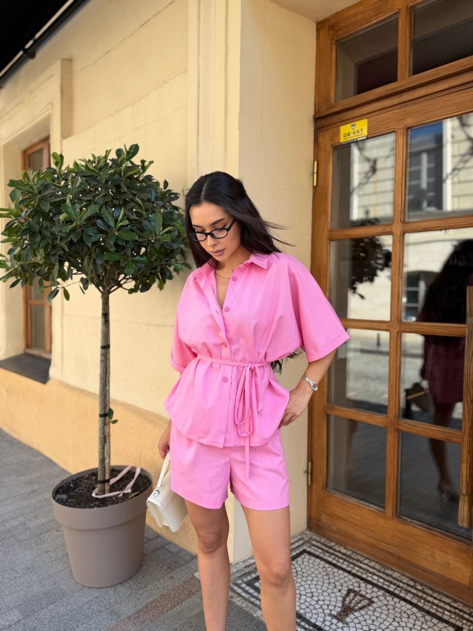 Pink Linen Two Piece Set Oversized Shirt And Shorts Summer Suit