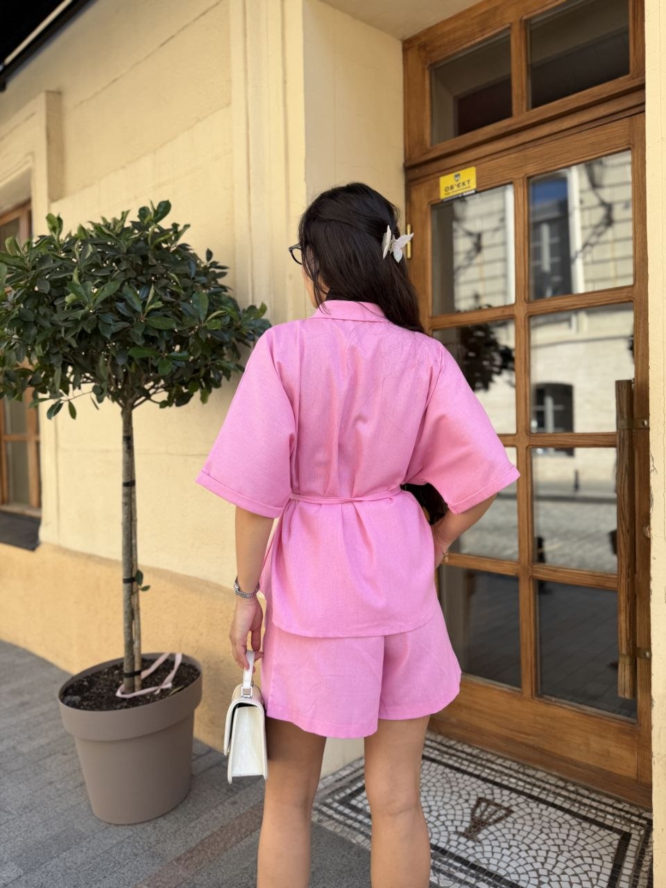Pink Linen Two Piece Set Oversized Shirt And Shorts Summer Suit