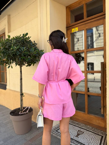 Pink Linen Two Piece Set Oversized Shirt And Shorts Summer Suit