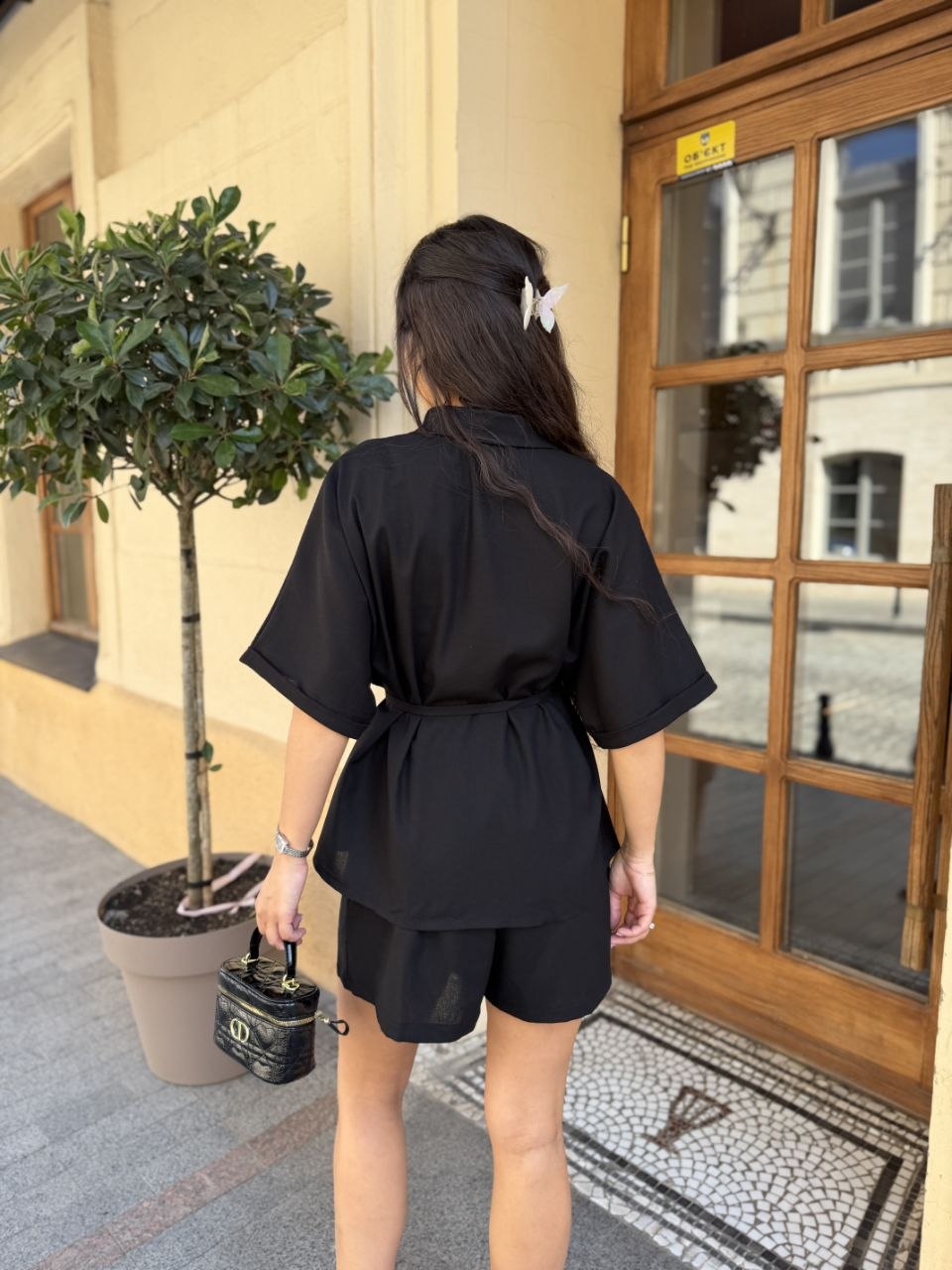 Linen Two Piece Set Women Black Oversize Shirt And Shorts Summer Outfit