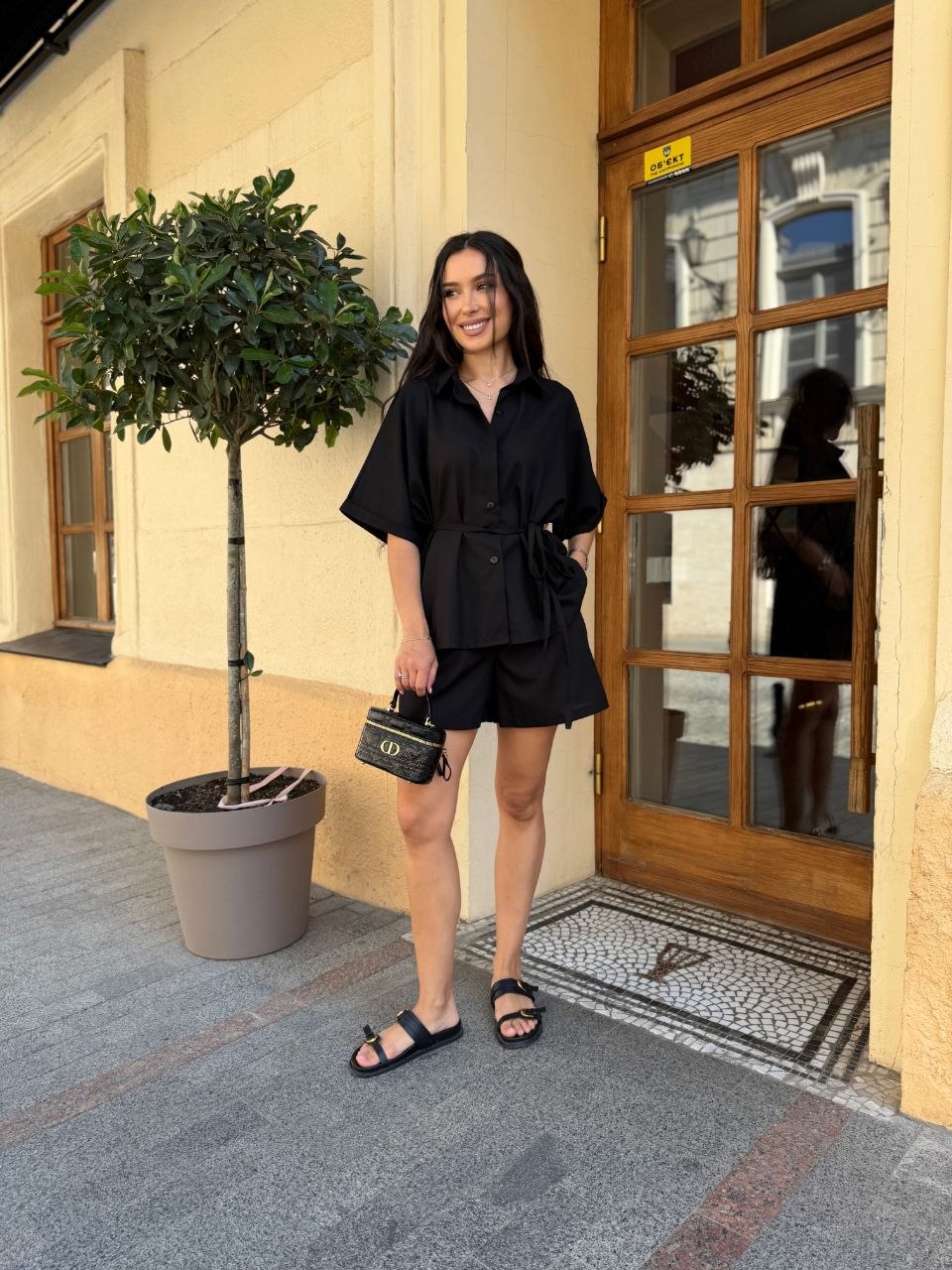 Linen Two Piece Set Women Black Oversize Shirt And Shorts Summer Outfit