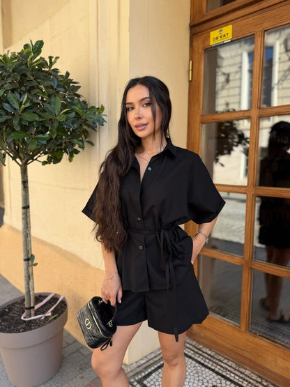 Linen Two Piece Set Women Black Oversize Shirt And Shorts Summer Outfit